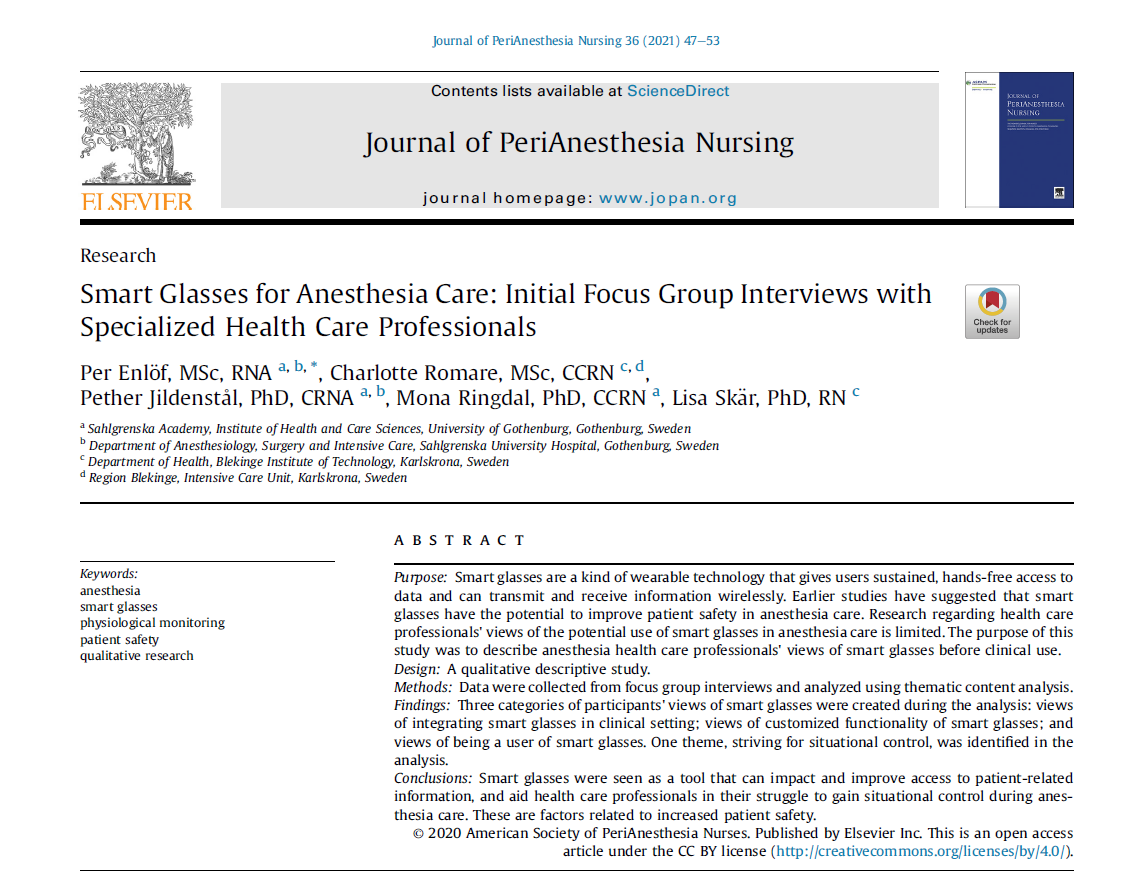 Smart Glasses for Anesthesia Care: Initial Focus Group Interviews with Specialized Health Care Professionals